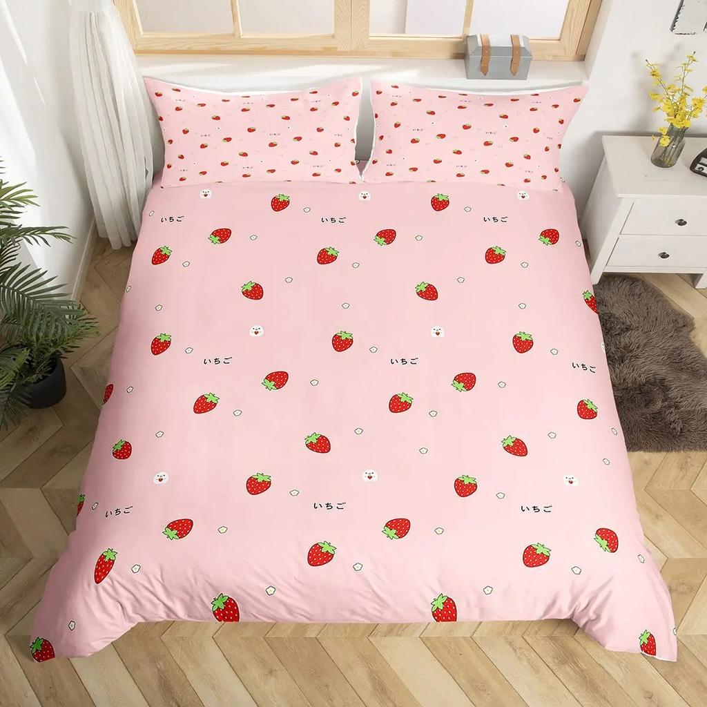 Strawberry Duvet Cover SetRed Strawberry Bedding Set For Girls Cute Black White Geometric Plaid Grid Comforter Cover Full Size