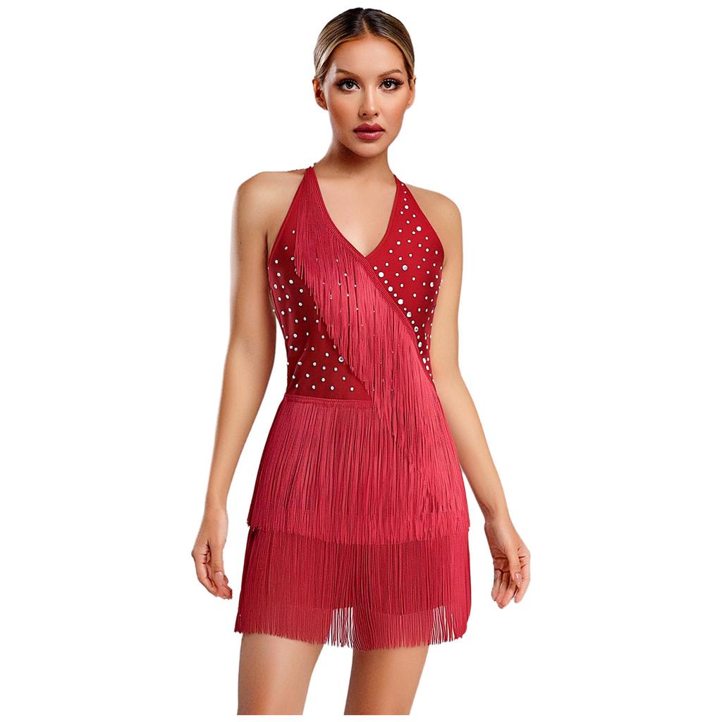 S-3XL Women Dance Bodysuit Halter Neck with Rhinestones Fringed Back Latin Tango Salsa Jazz Performance Costume Leotard