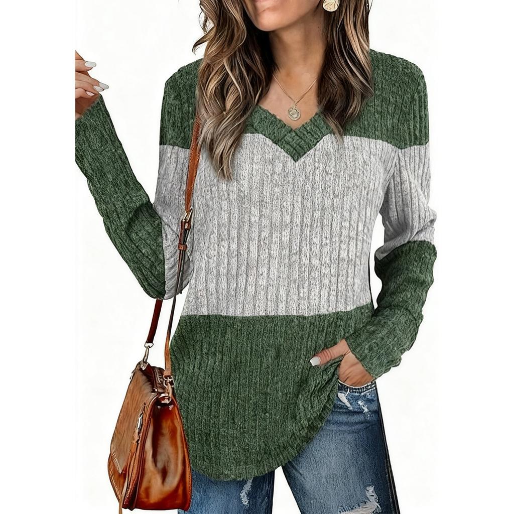 Women's V-neck Long-sleeved Patchwork Fitted Top T-shirt