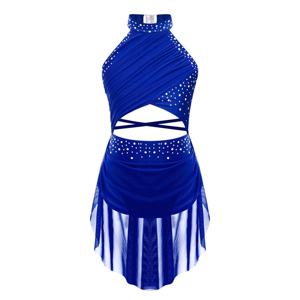 Kids Girls Lyrical Dance Performance Costume Figure Skating Ballet Gymnastics Leotard Dress Sleeveless Rhinestone Dancewear