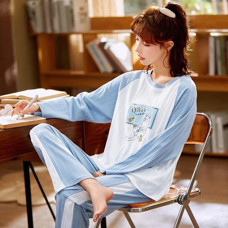 Женские пижамные комплекты с длинными рукавами, хлопковая одежда для сна, весенне-осенний пуловер, ночная рубашка больших размеров, зимняя повседневная простая домашняя одежда, милый пижамный костюм с героями мультфильмов