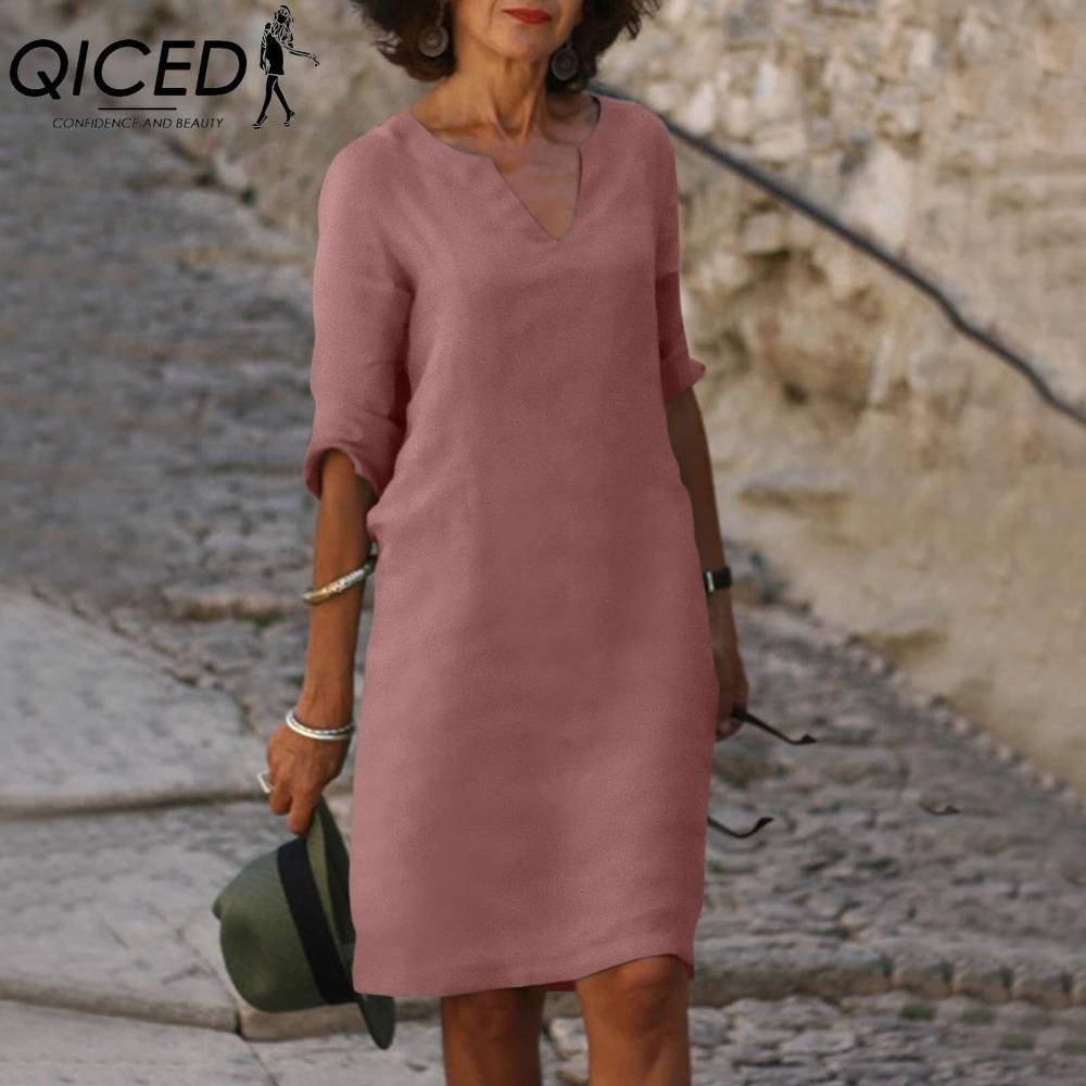 QICED Женское летнее однотонное хлопковое льняное ретро-платье с V-образным вырезом и коротким рукавом, легкое дышащее платье