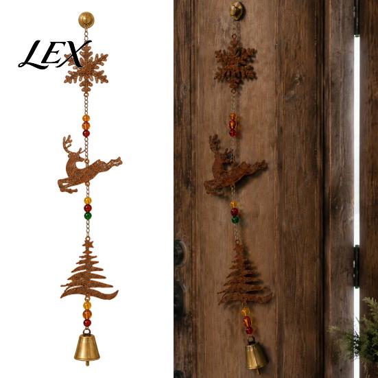 Christmas Tree Hanging Ornaments Rustic Metal Elk Wind Chime, Xmas Ornament with Reindeer Chimes Snowflake Patterns, Vintage Farmhouse Holiday