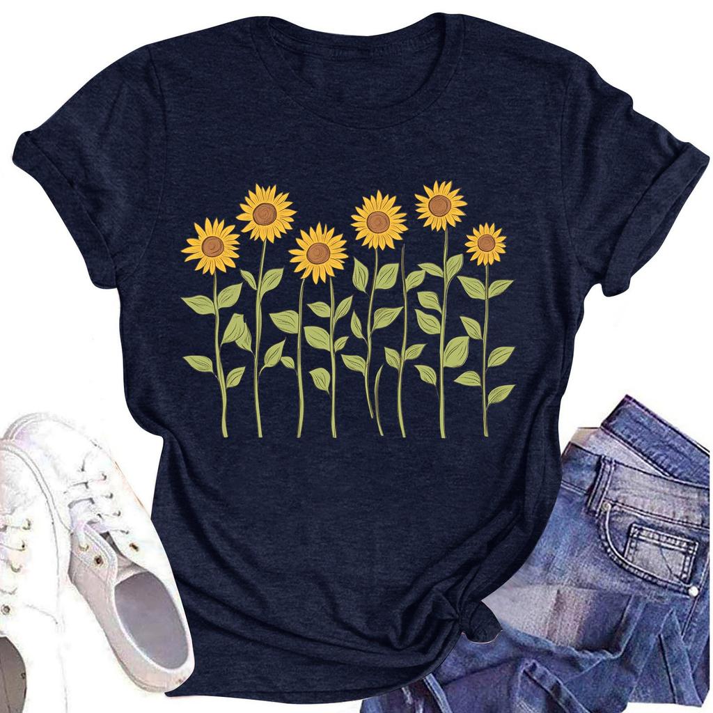 Женская повседневная футболка с круглым вырезом и цветочным принтом, короткий рукав