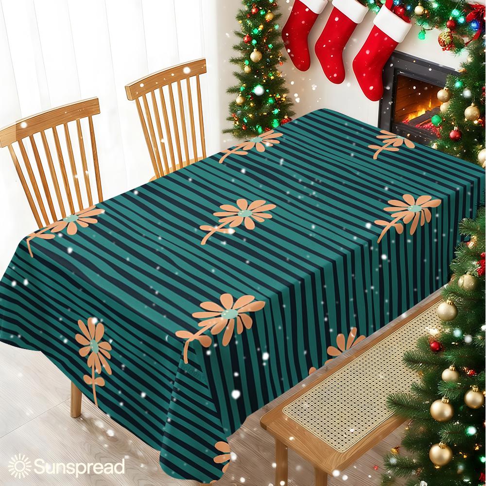 Teal Stripe & Orange Daisy Table Cloth Waterproof Tablecloth Spill Proof Table Cloth, Wipe Clean Table Cloth for Dining Camping