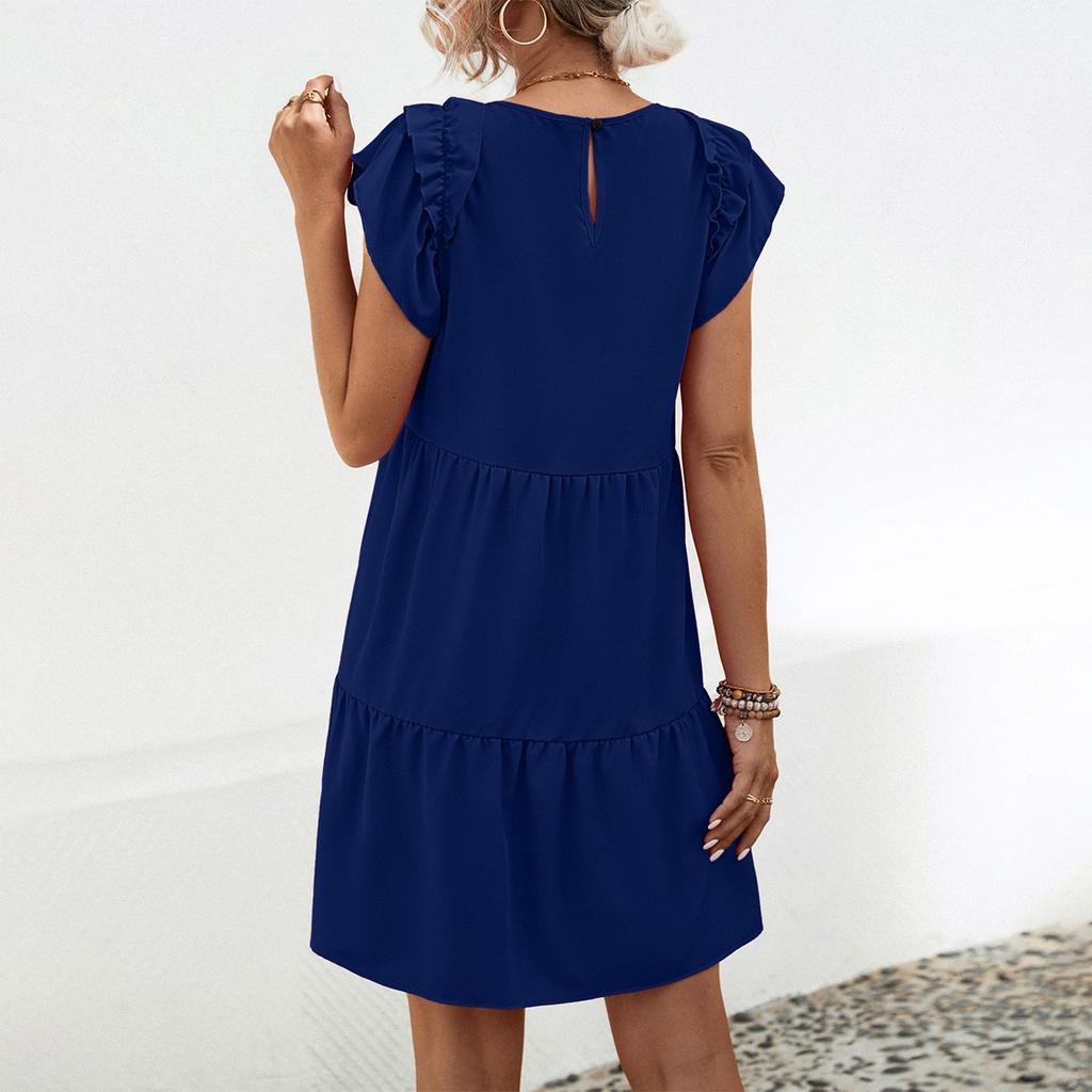 Женское повседневное модное сексуальное универсальное элегантное однотонное платье с круглым вырезом