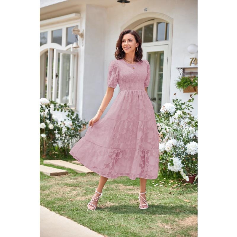 Летнее женское платье с круглым вырезом, плиссированные многослойные платья с цветочным принтом и рукавами-пузырьками