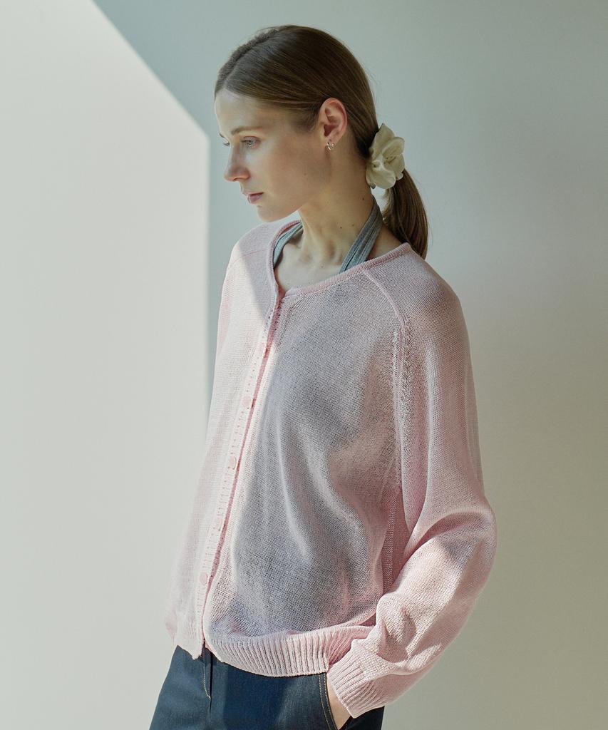 VLETI Summer Raglan Button Round-Neck Knit Cardigan (Pink)
