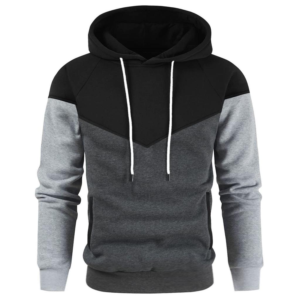 Mens Casual Hoodies Patchwork Drawstring Long Sleeve Sweatshirt Lightweight Winter Fall Fleece Top With Hood