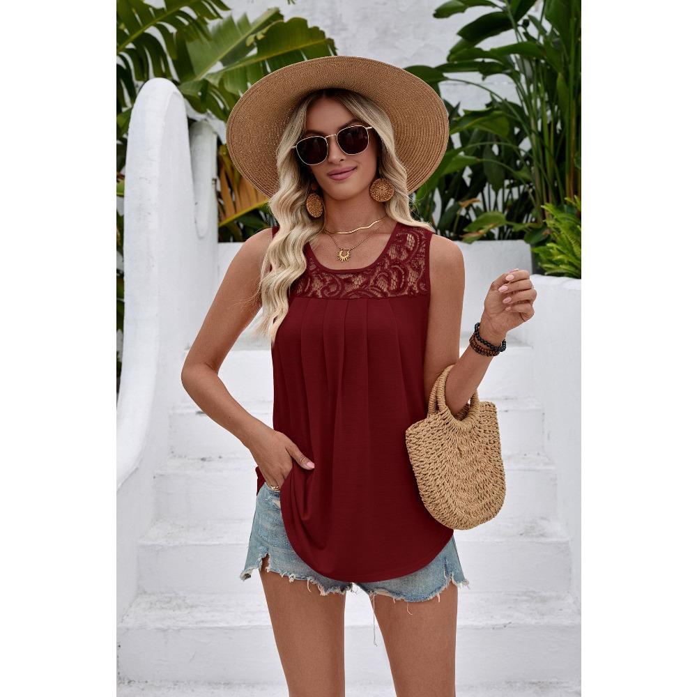 Женская кружевная майка-топ без рукавов с плиссировкой, повседневная блузка с круглым вырезом из смесовой вискозы