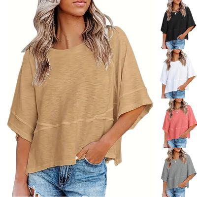 Женская лоскутная однотонная свободная футболка с круглым вырезом и рукавом три четверти с рукавами-пагодами