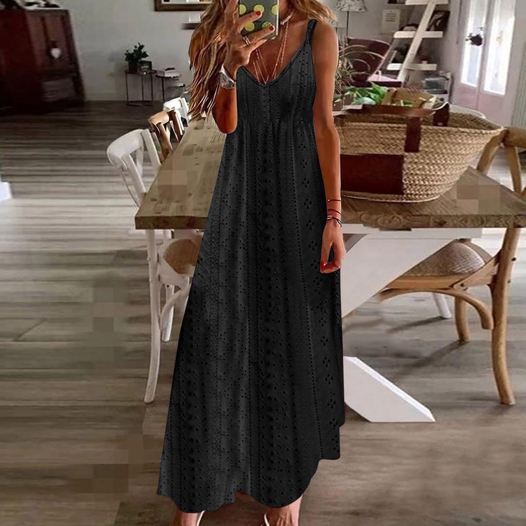 Women's Hollowed Out Vacation Long Dress Color Sleeveless Suspender V-neck Dress
