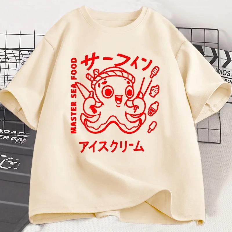 Японская футболка с графическим принтом осьминога, забавная винтажная футболка Y2k для женщин, мягкие топы с коротким рукавом, унисекс, повседневная женская одежда