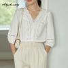 Korean Style Summer Women White Blouse V Neck Lace Patchwork Office Lady Shirt Puff Sleeve Elegant Feminine Chic Ladies' Blouse
