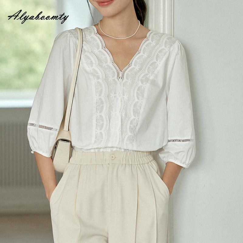 Korean Style Summer Women White Blouse V Neck Lace Patchwork Office Lady Shirt Puff Sleeve Elegant Feminine Chic Ladies' Blouse