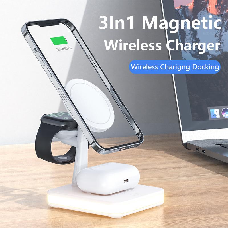 VAORLO Док-станция для беспроводного зарядного устройства 3 в 1 для iphone 12 12pro 12mini 13pro iwatch Airpods с ночником, быстрая зарядка