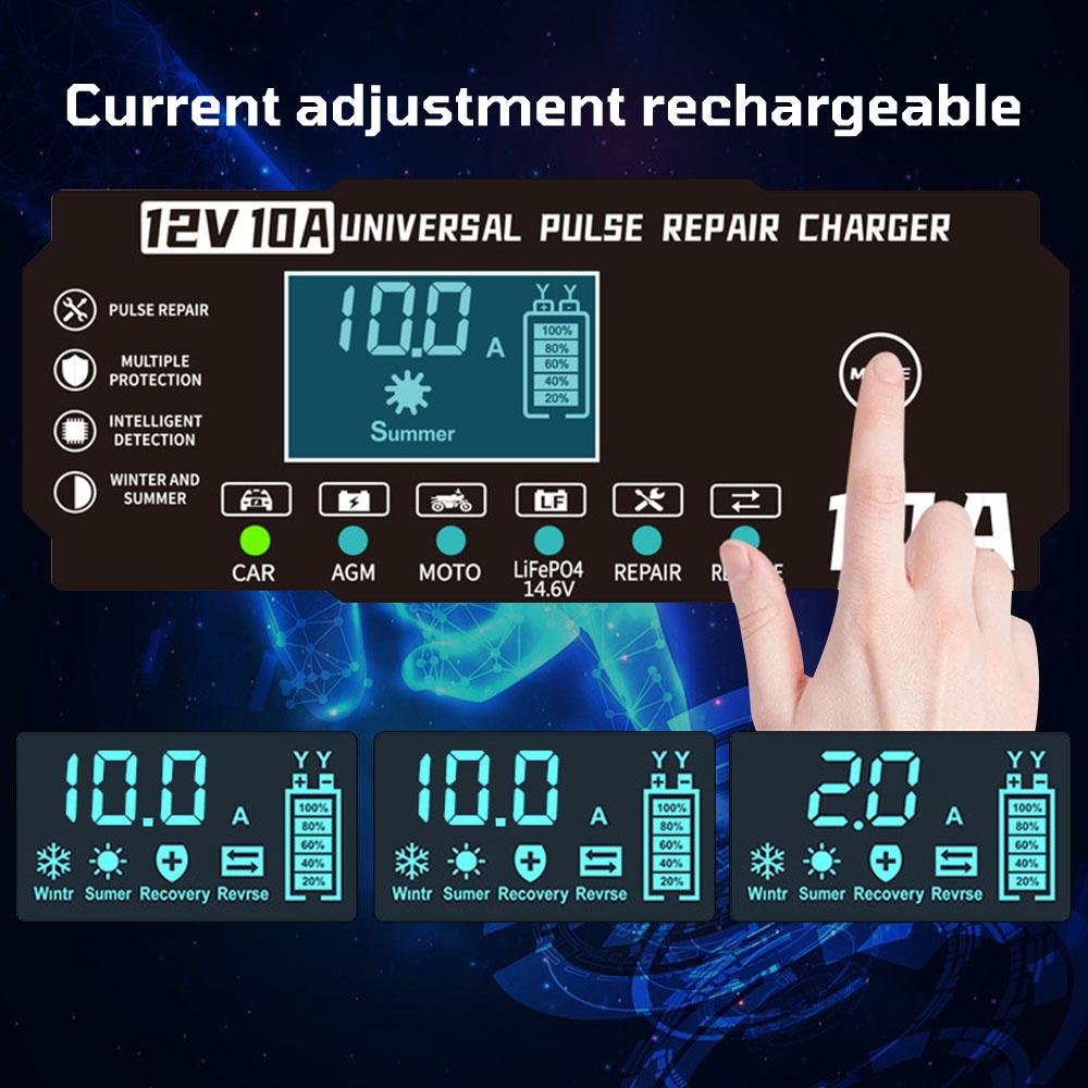 10A 12V Storage Cell Chargers For AGM GEL Lead Acid / 14.6V Iron Lithium Batteries Intelligent Pulse Repair Car Battery Charger