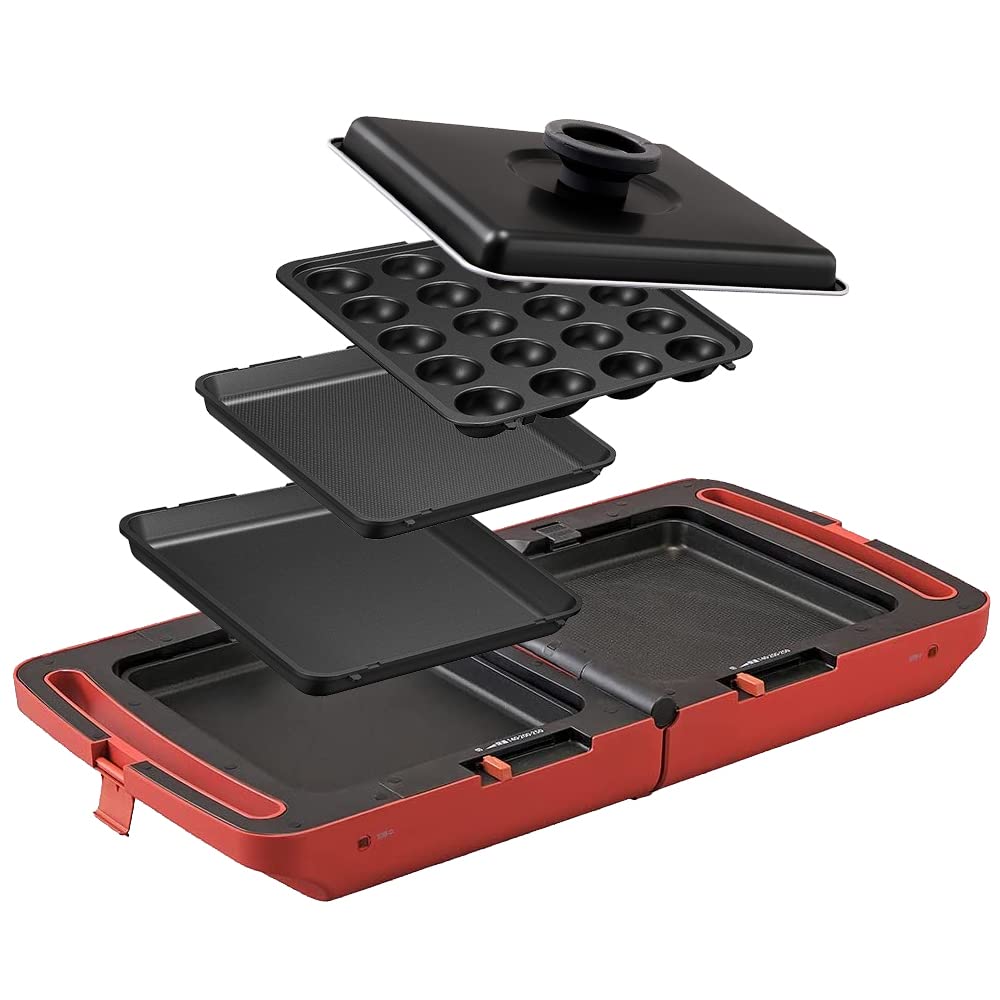 Iris Ohyama Hot Hot Flat Takoyaki Yakiniku 3 with Simultaneous Warranty Compact Red Plate, Double-Sided Plate, Plate, Plate, Plate, Pieces, Lid,