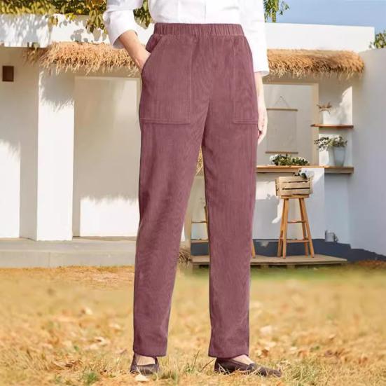 Corduroy Casual Pants Elastic Waist Women Long Pants with Pockets Solid Color Straight