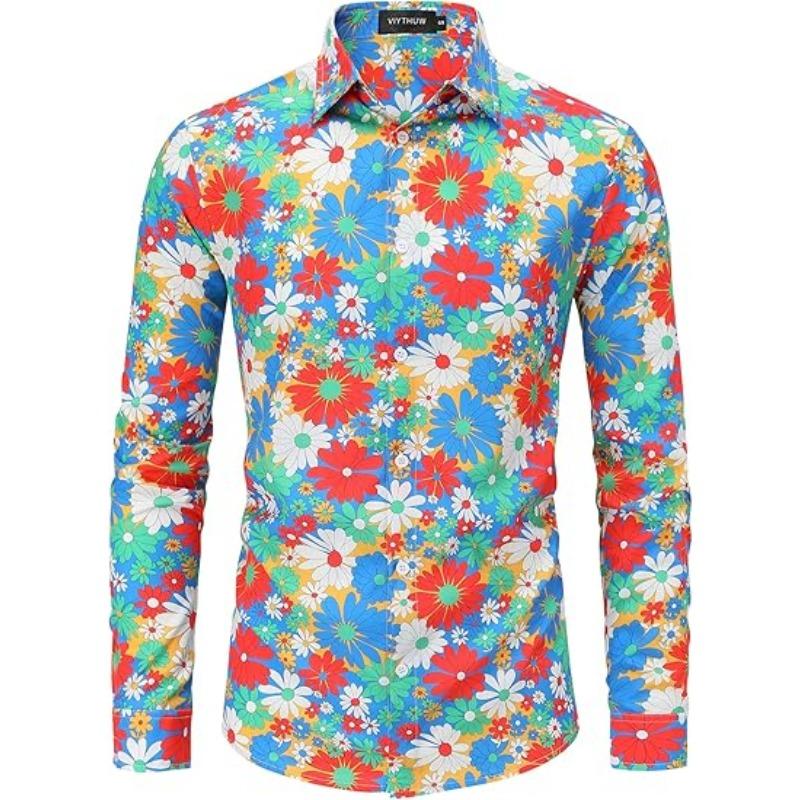 Мужская одежда 70-х годов Повседневная рубашка с длинным рукавом и воротником на пряжке Диско Ретро Пейсли Цветочный Ретро Хип-хоп Рубашка Лето