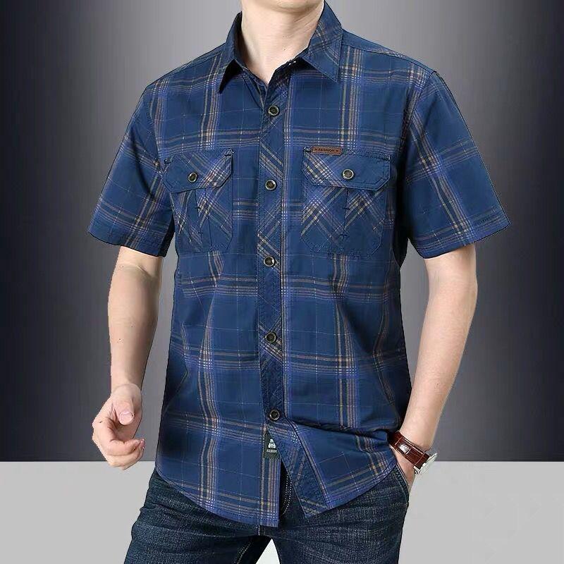 Summer Men Short Sleeve Shirt Streetwear Fashion Lapel Business Plaid Casual Tops Plus Size