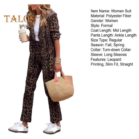 2 шт./комплект женский формальный пиджак брюки комплект длинные рукава леопардовый принт лацкан кардиган средней длины пиджак прямые брюки с высокой талией формальный деловой