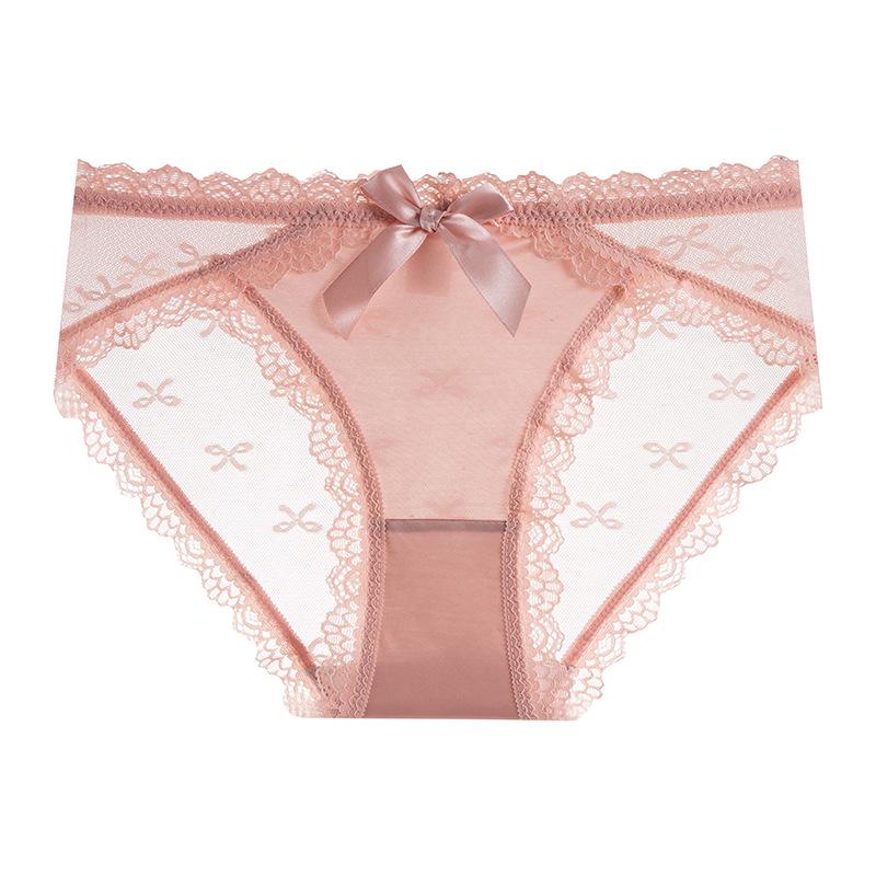 "Low Waist French Lace Satin Mesh Transparent White Panties for Women"