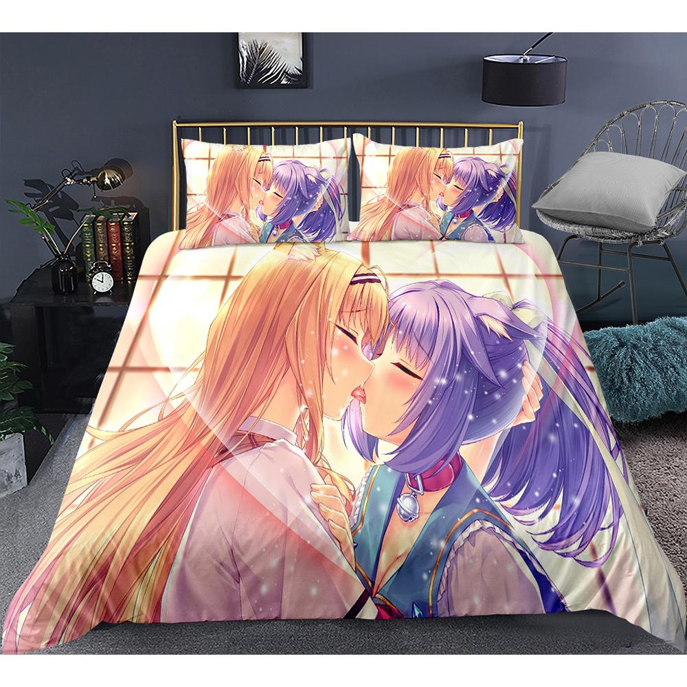 Милый аниме-узор кошки-горничной NEKOPARA, комплект постельного белья из 3 предметов, игровой принт, пододеяльник и наволочка, украшение для спальни для подростков-отаку