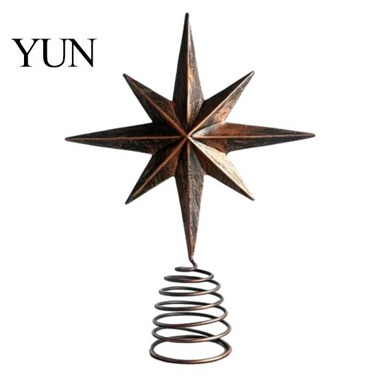 Handcrafted Metal Ornament Distressed Eight-pointed Star Christmas Tree Topper with Stable Spiral Holiday Decor Spring Base, Vintage for Party