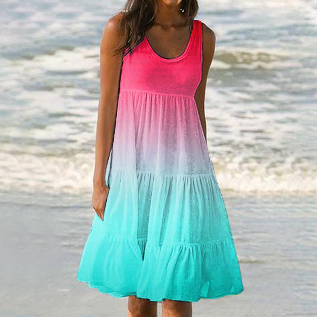 Модный женский повседневный летний сарафан с принтом, свободная пляжная юбка с градиентом, мини-платье
