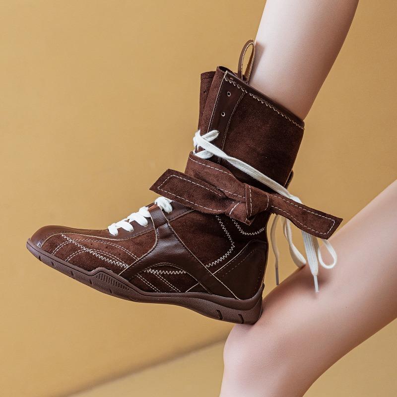 Retro Boxing Boots Women's Spring and Autumn New Maillard Style Outdoor Women's Boots Boots Street Shot Medium Tube Fashion Boots