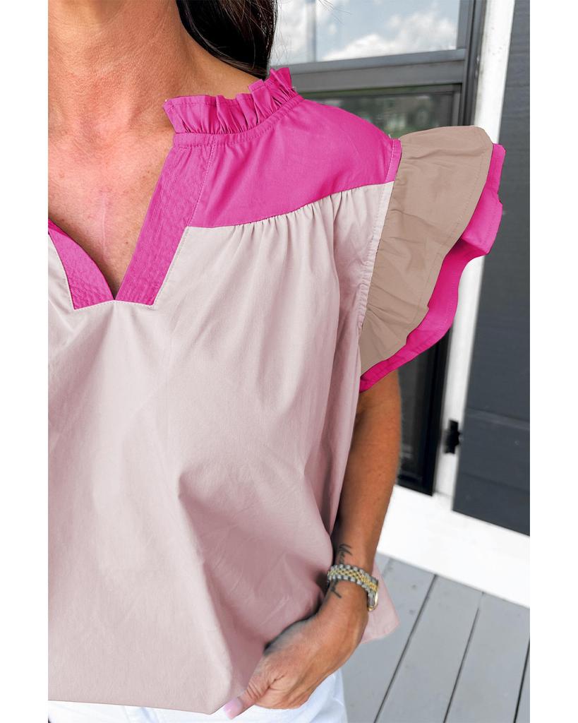 Azura Exchange Блузка с V-образным вырезом и оборками на рукавах в стиле колор-блок