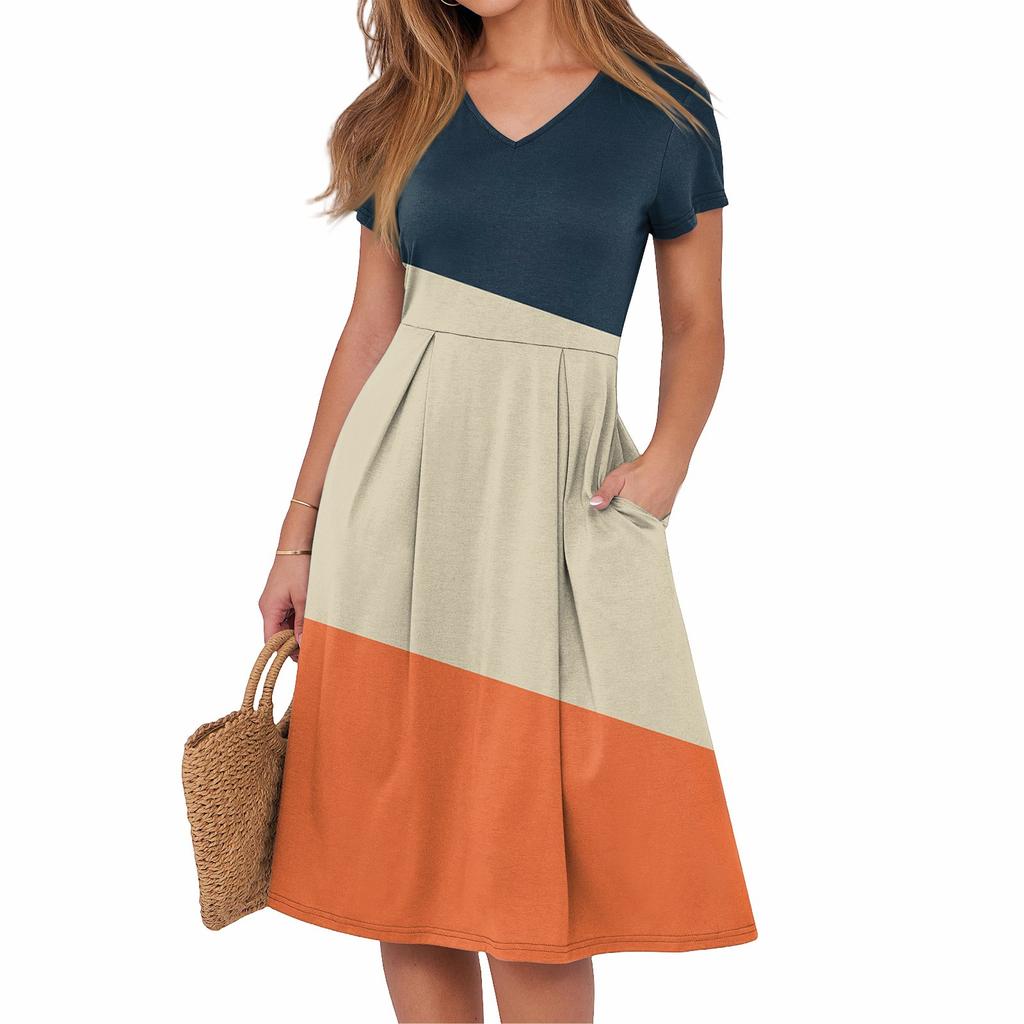Женское летнее повседневное платье с принтом, V-образным вырезом, короткими рукавами и карманами