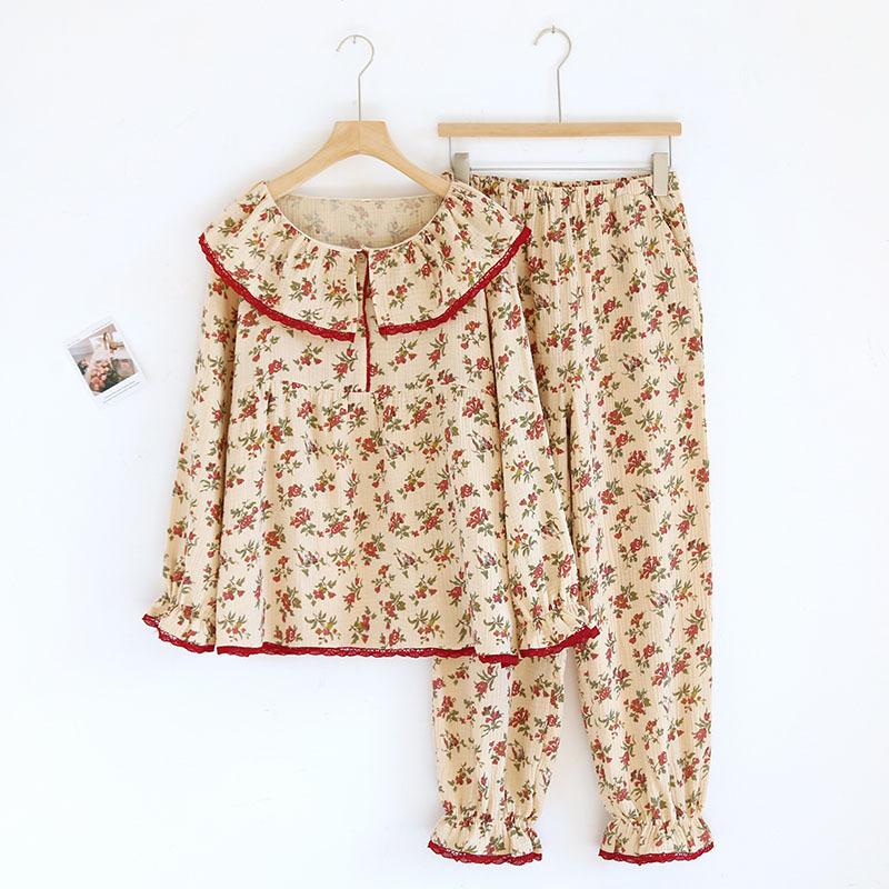 Pure cotton gauze women's pajamas, thin retro long-sleeved trousers, cotton gauze loungewear, loose and can be worn outside in spring and autumn