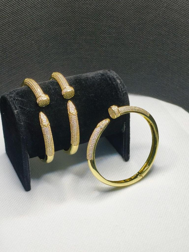 Adjustable Gold Copper Nail Bracelet with Zircon Studs