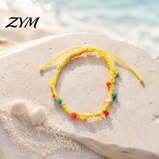 Handmade Woven Rope Wristbands Braided Bracelet for Women, Bohemian Wrist Colorful Summer Beach Accessories with Rice Beads, Adjustable Knot