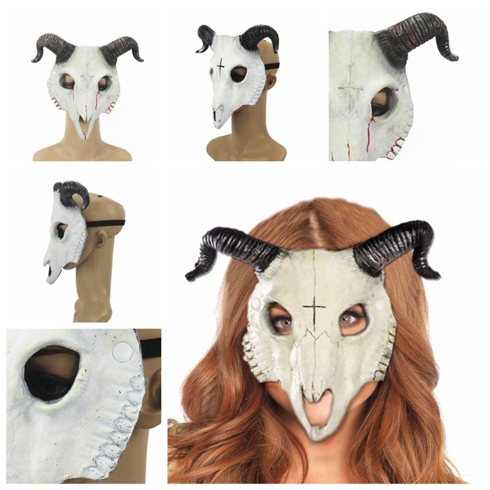 Antelope Halloween Mask PU Leather Goat Horn Mask Gothic Halloween Bloody Skull Mask  Costume Props