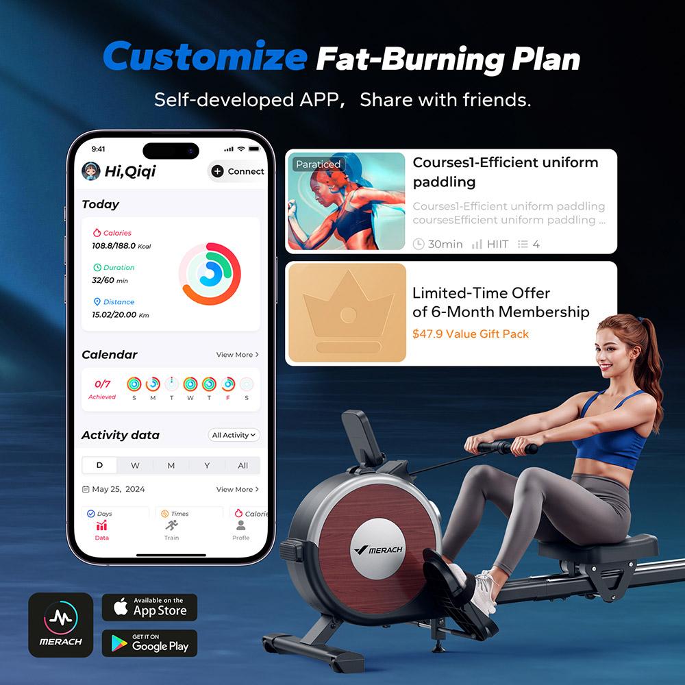 Магнитный гребной тренажер MERACH Q1S, 16 уровней сопротивления, грузоподъемность 350 фунтов, двойная направляющая, ЖК-монитор, совместимость с приложением, электрическая регулировка, черный