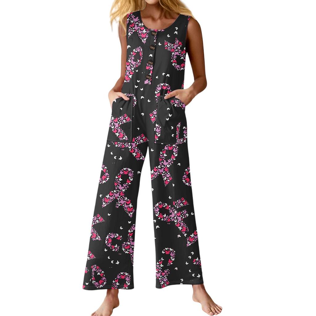 Women's Fashion Casual Button Sleeveless Jumpsuit Floral Flower Print Cotton Pocket Jumpsuit