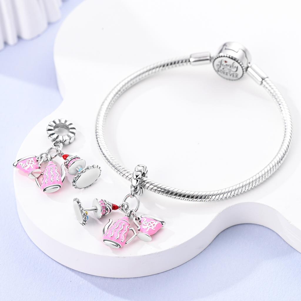 925 Silver Pink Ballet Shoes Ballet Set Charms Fit Original Charm Bead Pendent Dangle Bracelet DIY Women Jewelry Gift