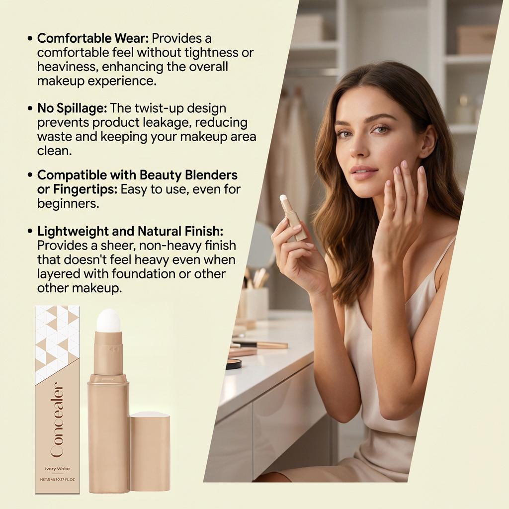 Шелковистый жидкий консилер-стик - Слоновая кость: Легко наносится, скрывает несовершенства, выравнивает текстуру, легкое, полупрозрачное тональное средство.