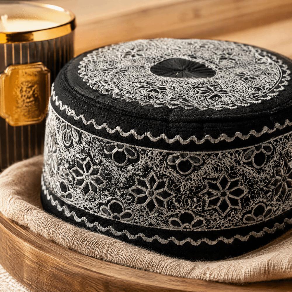 Flat Top Shape Prayer Hat Embroidered Design Traditional Kufi Cap Religious Ceremonies