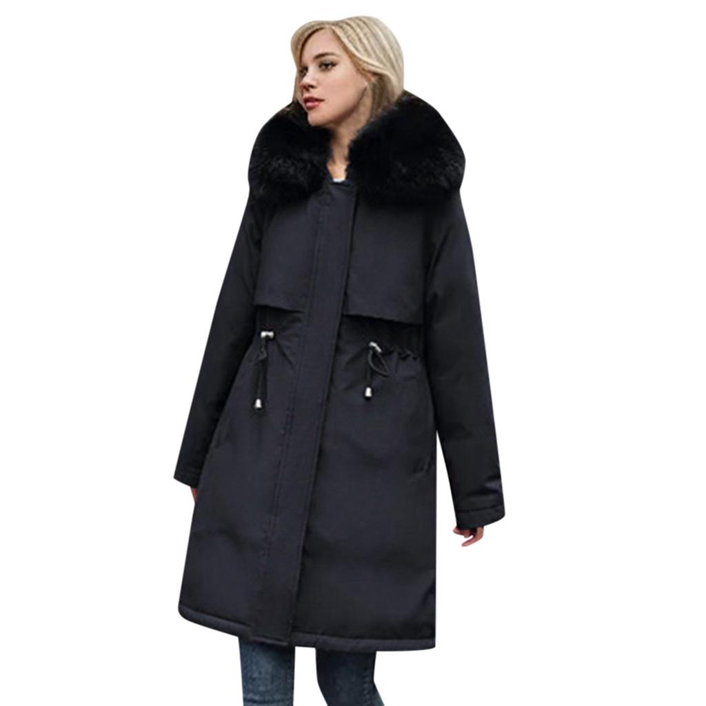 Женская осенне-зимняя куртка, парка, утепленная хлопковая подкладка, средней длины, с меховым воротником и капюшоном, регулируемая талия, сплошной цвет