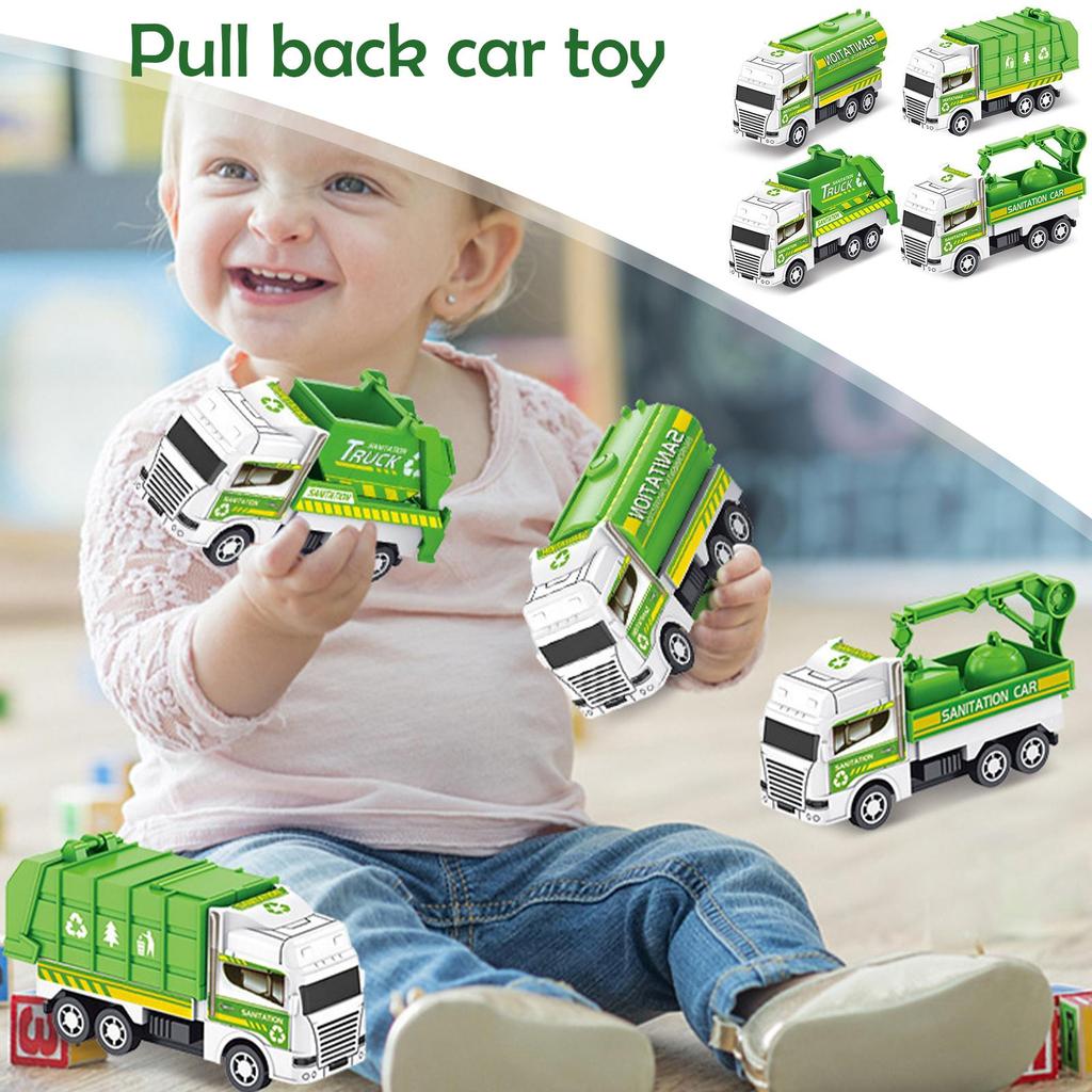 4Pcs Kids Toy Car Inertia Sanitation Truck Models Pull Back Engineering Vehicle Boys Toys for Children Ideal Gifts for Boys Kids