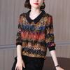 Весна Осень Винтажная Расписанная вручную Блузка Контрастных Цветов Длинный Рукав Модный Воротник Питер Пэн Свободная Лоскутная Рубашка Ромбы