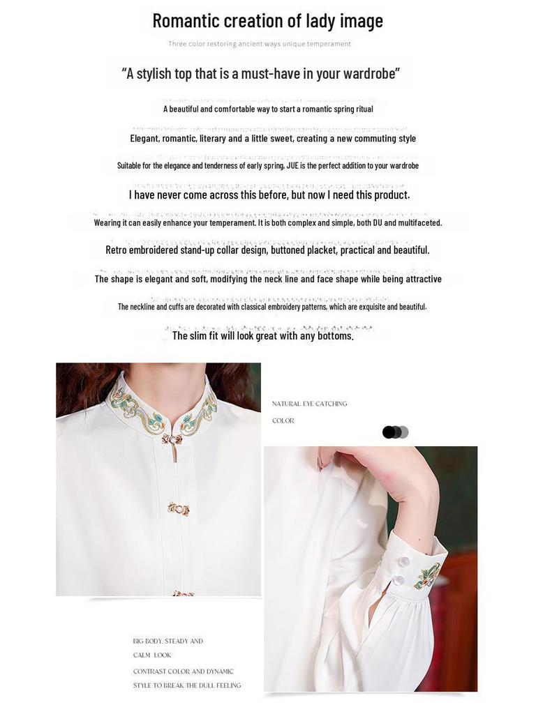 Women's Stand-Up Collar Shirt with Chinese Embroidery, Zen Style Long-Sleeve Top for Spring and Autumn.