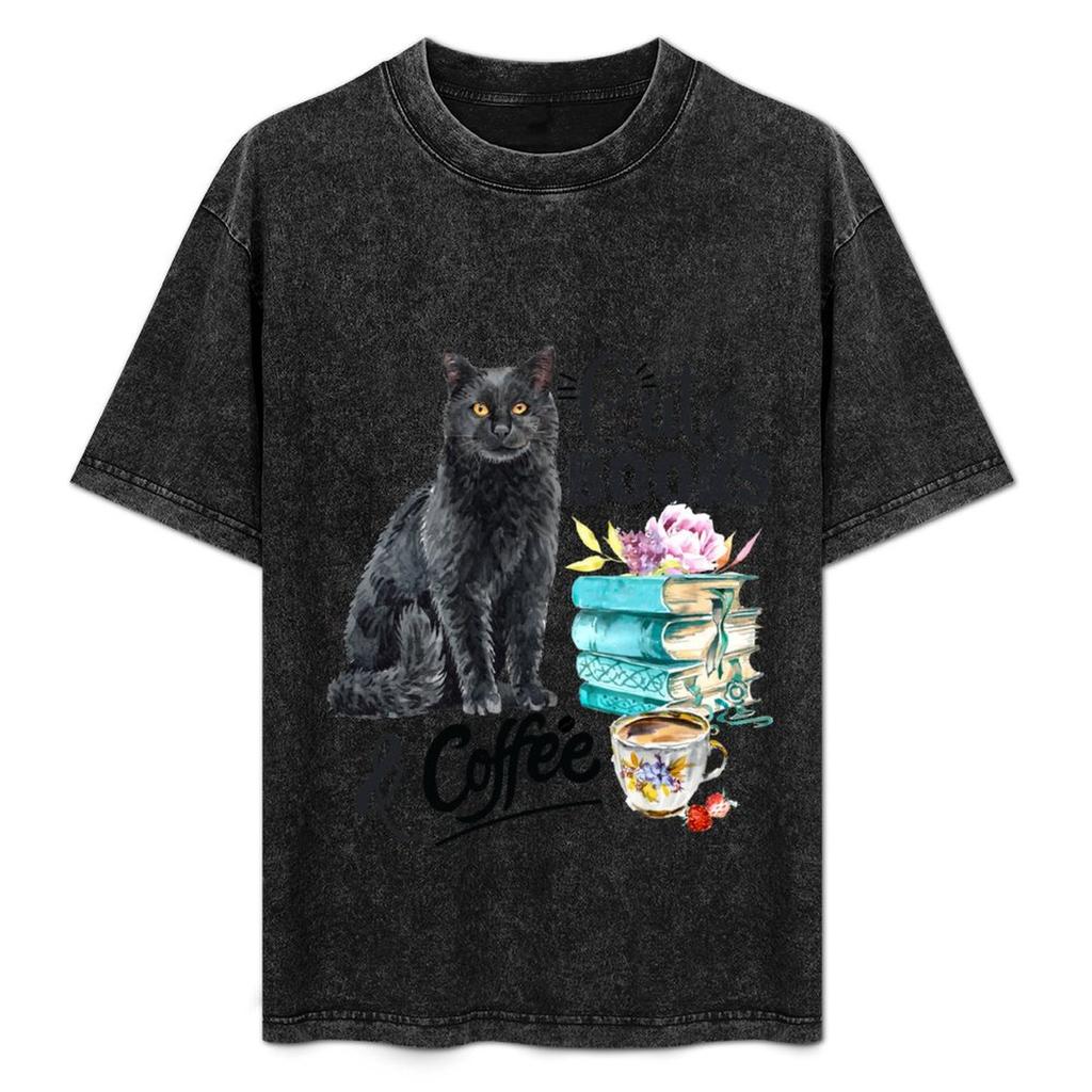 Cats Books And Coffee Cute Watercolor Tshirt Work Wear Simple Tee Shirt