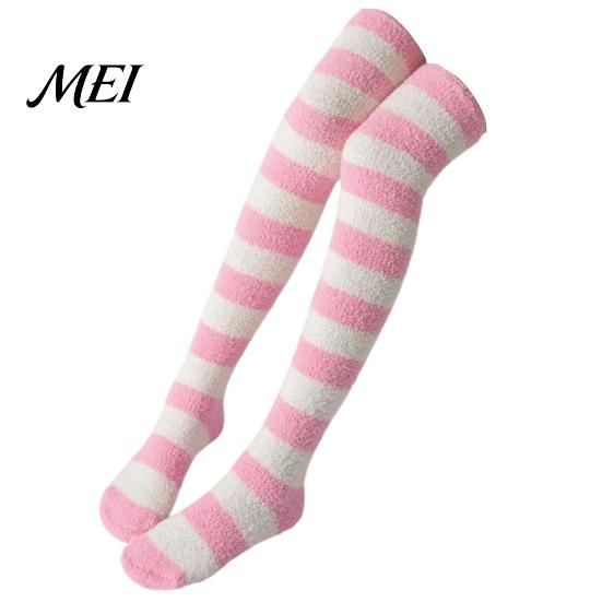 Casual Home Wear Socks Striped Plush for Women, Coral Fleece Winter Thermal Socks, Soft Thickened Knee High Stockings, Warm Sleeping And Cold Weather