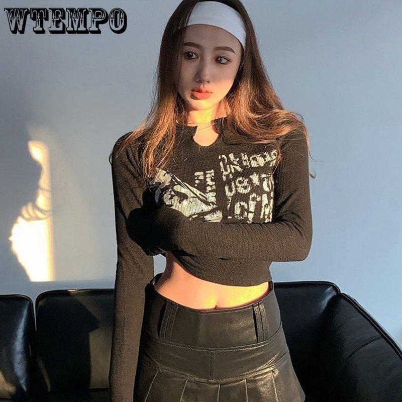 Ретро Harajuku гранж-футболки с графическим принтом и длинными рукавами, укороченные топы, шикарные женские винтажные облегающие корейские футболки