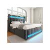 Lit rembourré de 140*200 cm avec éclairage LED et prise USB, tête de lit avec étagères et espace de rangement